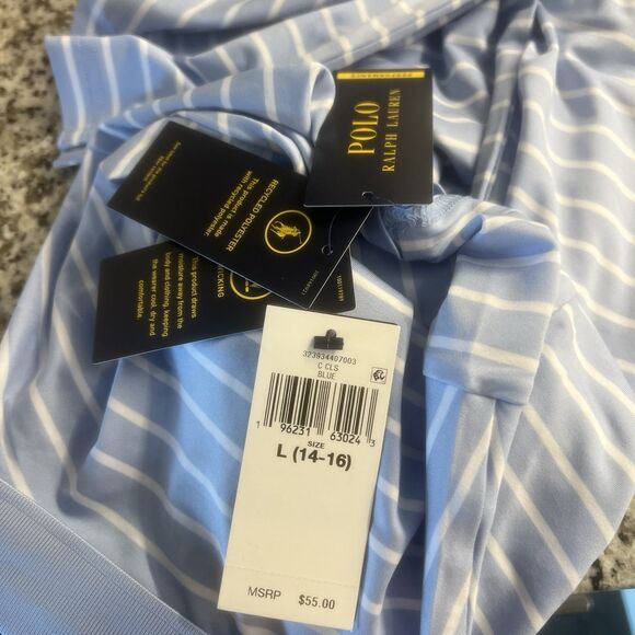 Polo Ralph Lauren White Blue Striped Polo Short Sleeve Golf NWT Boy Large 14/16 - Picture 2 of 2
